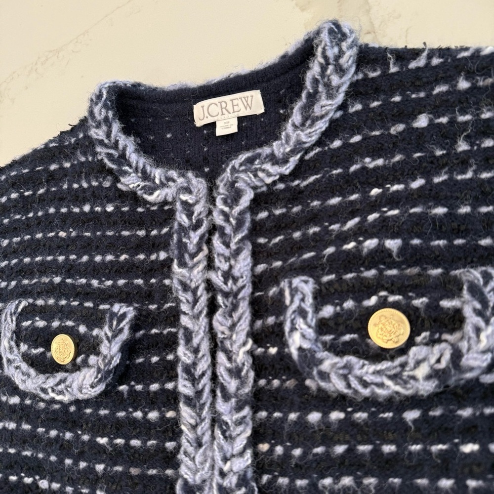J. Crew Cropped Lady Jacket Marled Yarn Women’s XS Blue Hook & Eye Closure Knit - Picture 3 of 7